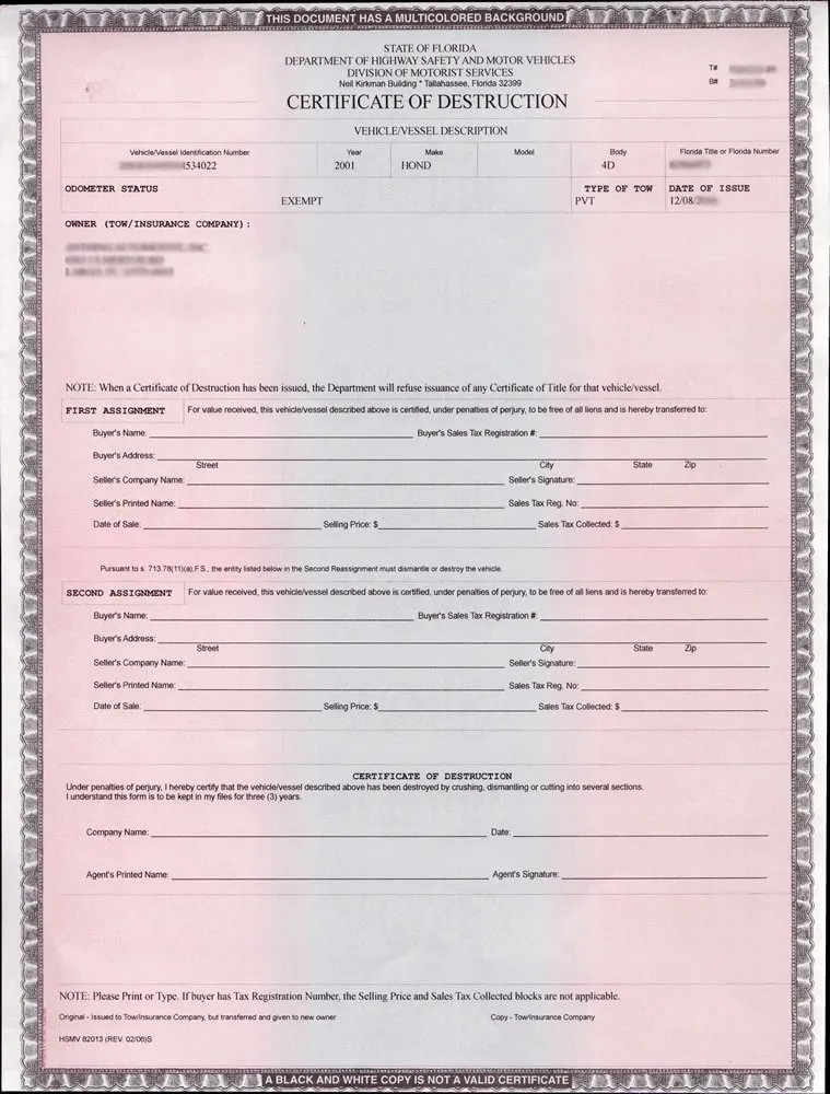 Certificate of Destruction